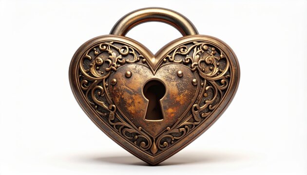 Antique Heart Lock Illustration Icon featuring a Detailed Vintage Bronze Padlock with Ornate Engravings for Mystic Branding Logos