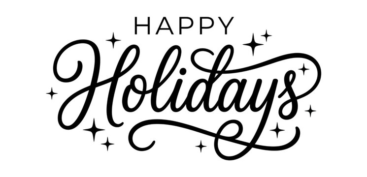 Modern minimalist happy holidays calligraphy script lettering with stars for elegant corporate greeting card seasonal retail promotion and social media campaign banner