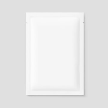 Four side seal sachet bag mockup. Front view. 3D hight realistic vector illustration isolated on grey background. Scalable and editable without lose quality. Ready layered template for design. EPS10.