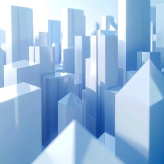 Fototapeta premium Abstract blue and white geometric skyscrapers under a bright sky.