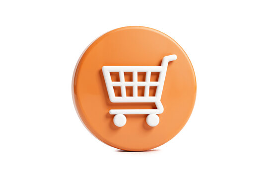 Shopping Cart Icon Rendered Within Glossy Orange Circle, Isometric View
