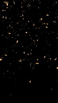 gold metallic confetti rain particles isolated alpha channel animation, golden birthday party and anniversary celebration video vertical social media overlay motion design element