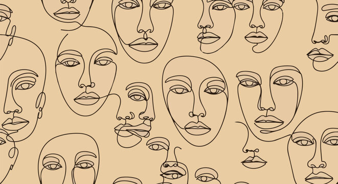 Multiple faces line art illustration on beige background