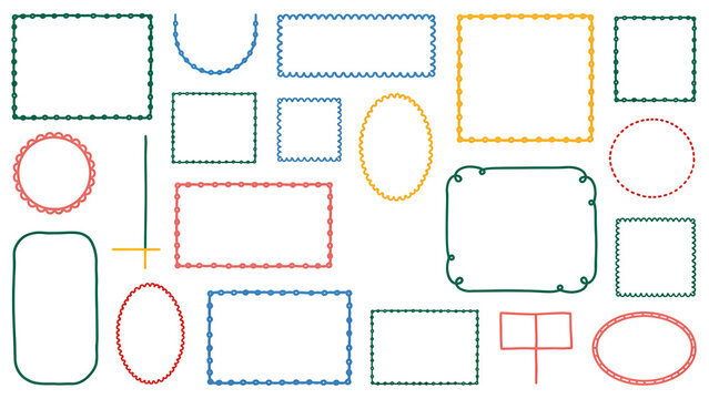 A collection of dotted rectangular and circular shapes in various colors on transparent background geometric forms frame border dashed lines outline colorful