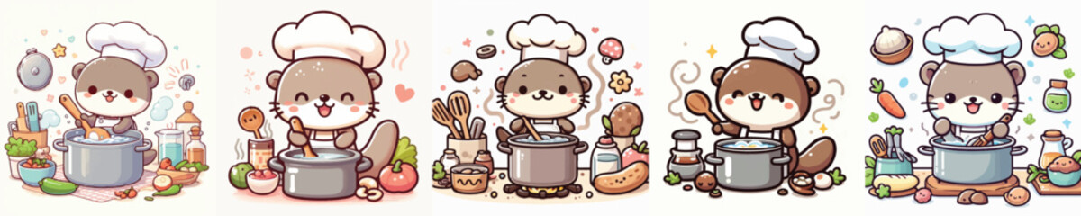 Vector of a cute cartoon otter character stirring a cooking pot © FirdianKrisna