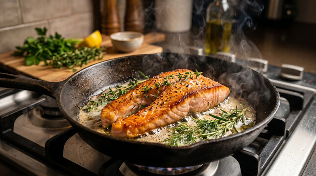 Pan Seared Salmon Fillet with Fresh Herbs in Skillet