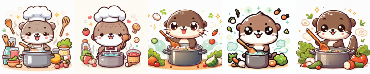 Vector of a cute cartoon otter character stirring a cooking pot © FirdianKrisna