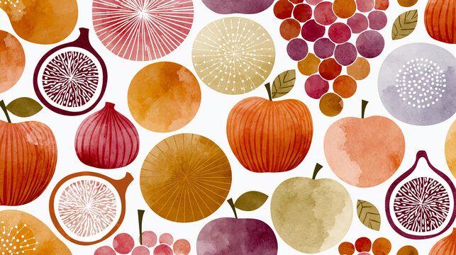 Abstract Nordic Style Fruit Pattern Background with Watercolor Texture