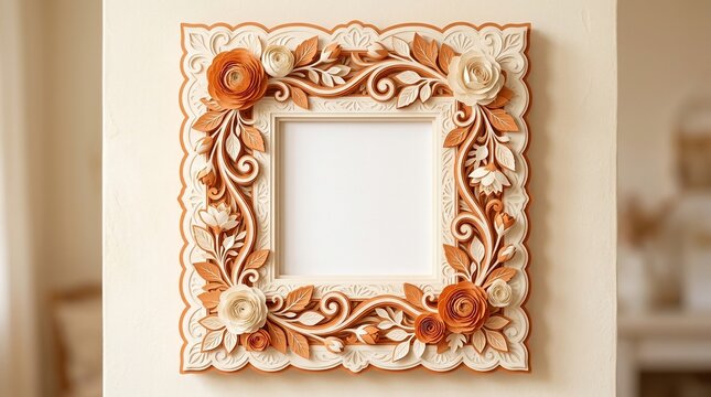 Decorative square paper cut floral frame with empty center