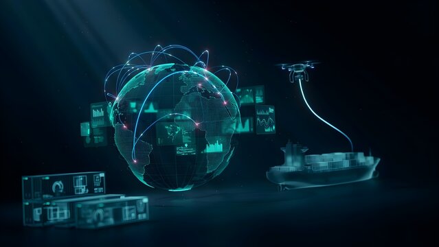 AI-driven supply chain management network optimizing global logistics operations, futuristic business concept