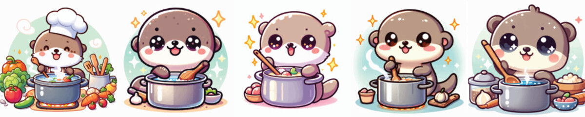 Vector of a cute cartoon otter character stirring a cooking pot © FirdianKrisna