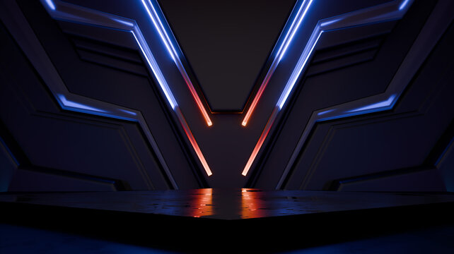 Futuristic cyberpunk sci-fi stage with blue and red neon lights. 3D rendering