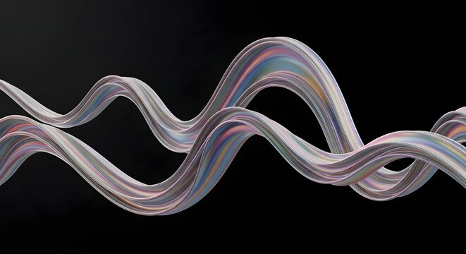 Abstract Digital Render of Iridescent Wavy Flowing Ribbons Creating Dynamic Motion Against a Deep Dark Minimalist Background