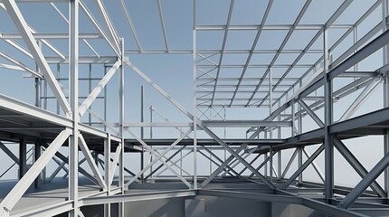 Fototapeta premium Modern Steel Frame Structure Under Construction Against Clear Blue Sky