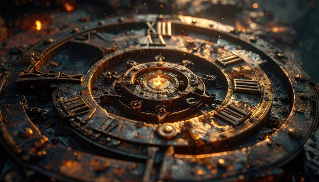 An intricate, close-up view of a weathered steampunk clock face with Roman numerals and glowing amber accents.