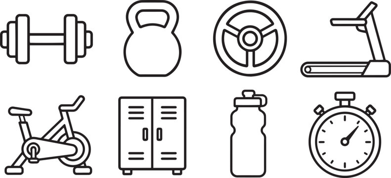 Gym Modern and Premium Icon Set, Featuring dumbbell, kettlebell, weight plate, treadmill and More, Editable Stroke, Outline Icon Collection