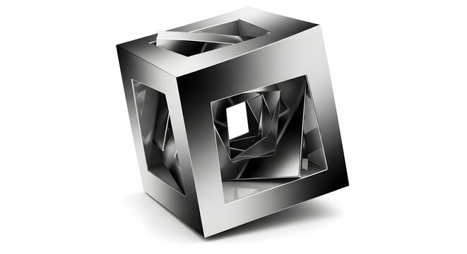 Abstract Metallic Geometric Sculpture Featuring a Deconstructed Cubic Structure with Intricate Hollow Voids and Polished Chrome Reflections