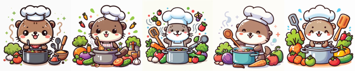 Vector of a cute cartoon otter character stirring a cooking pot © FirdianKrisna