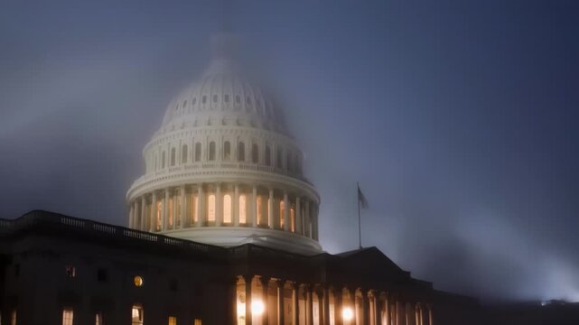 United States Capitol Building at Night in Fog &ndash; Illuminated Dome of the U.S. Congress in Washington, DC