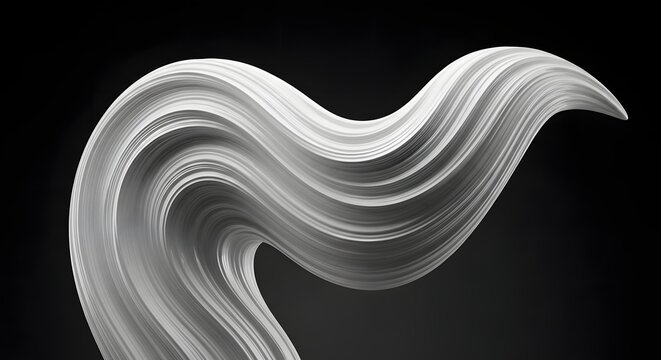 Abstract white 3D fluid wave shape sculpture with dynamic flowing lines on a dark background for modern design