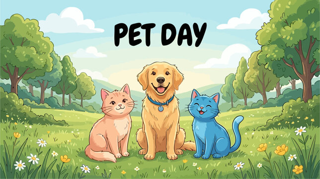 Friendly pets dog and cats sitting together in a field on pet day