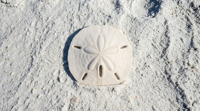 Overhead view of a single white sand dollar shell resting on textured beach sand