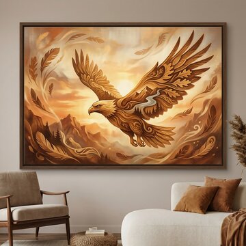 Eagle in flight over mountains with decorative feathers