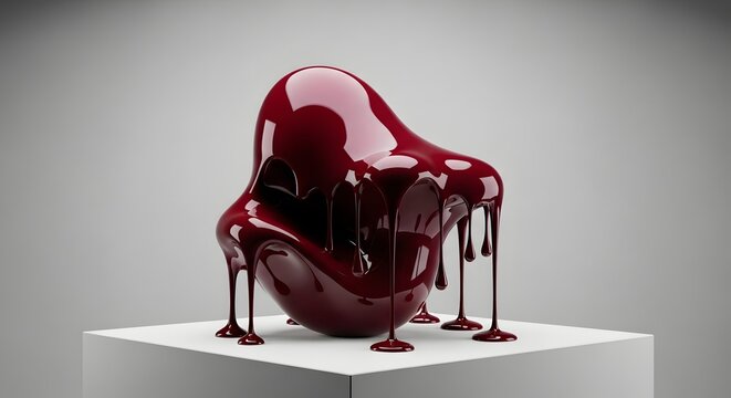 Surreal 3D render of a glossy maroon fluid sculpture dripping on a white minimalist pedestal against a neutral grey background