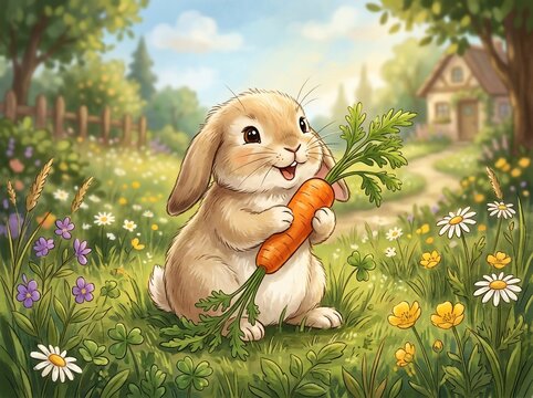 Cute rabbit holding carrot in garden with flowers