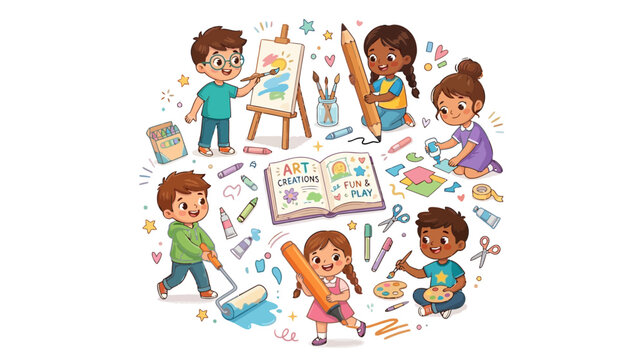 Diverse children engaging in creative art activities with supplies in a circular composition