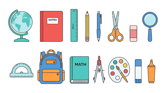 Colorful school supplies collection globe notebook ruler pen scissors backpack and art tools illustration