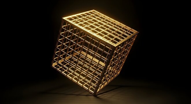 Abstract Golden 3D Wireframe Cube Structure Glowing on a Dark Background for Modern Technology Concept
