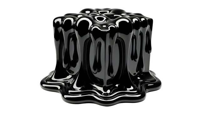 Abstract 3D rendering of a glossy black cube melting and dripping on a white background