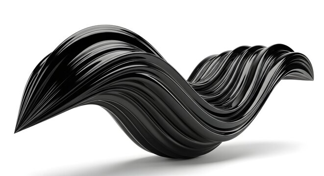 Abstract 3D Glossy Black Organic Flowing Shape with Elegant Wave Form on White Background
