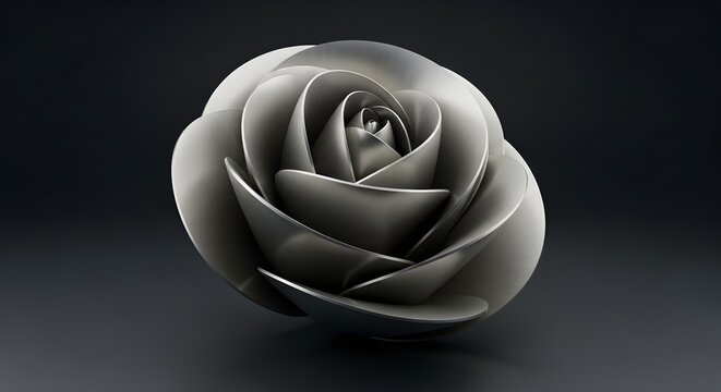 An elegant silver 3D rose sculpture with smooth curved petals isolated on a dark background for modern art