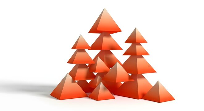 Abstract 3D Render of Stacked Orange Geometric Pyramids Arranged Like a Minimalist Forest on White Background