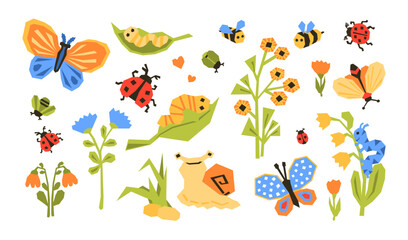 Cute insects and flowers vector set. Summer garden collection with bee, butterfly, ladybug, caterpillar, snail and floral elements. Simple hand drawn illustration in flat style isolated on a white. © Vala Ivashchenko