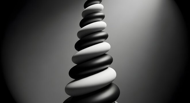 Minimalist Black and White Spiral Stack Sculpture Featuring a Modern Abstract Twisted Conical Structure for Artistic Backgrounds