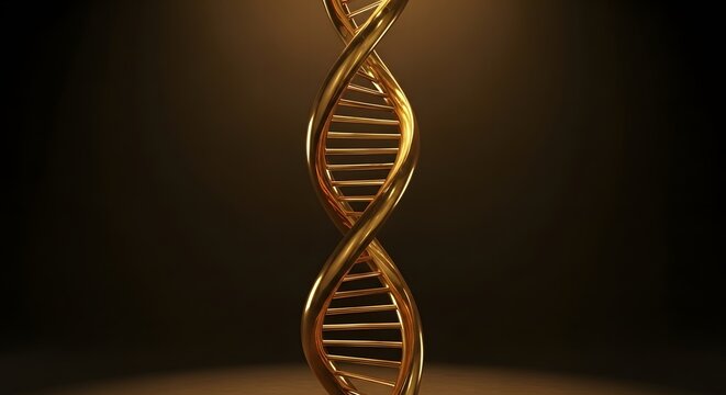 Glowing gold DNA double helix structure model rotating in dark space, scientific rendering