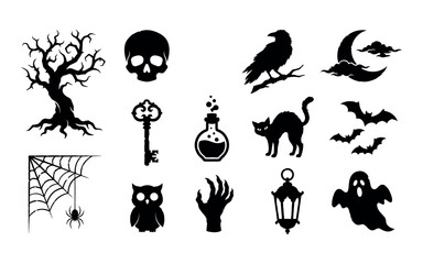 Obraz premium Halloween themed silhouettes including ghost bats spiderweb and spooky tree silhouette