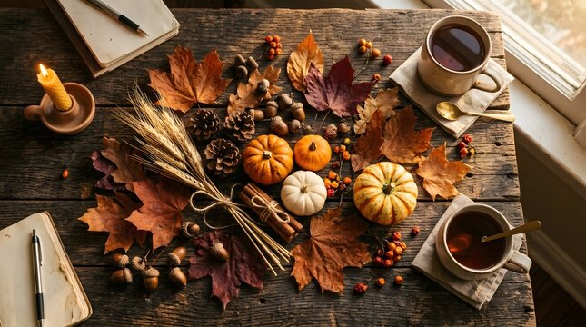 Autumn leaves and small pumpkins are arranged on a rustic wooden table alongside warm cups of tea.