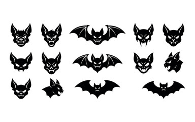 Fototapeta premium Collection of halloween bats silhouettes with various expressions and wing positions black silhouette