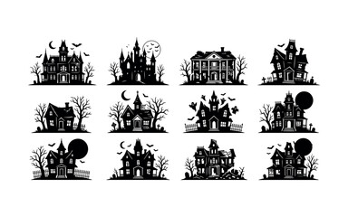 Fototapeta premium Halloween haunted houses and spooky elements silhouette bundle on white background