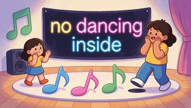 Children boy girl dancing room large blackboard background has words inside written neon pink letters standing