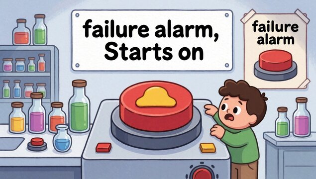 Young boy standing front red alarm clock words failure starts written wearing green shirt brown pants has surp