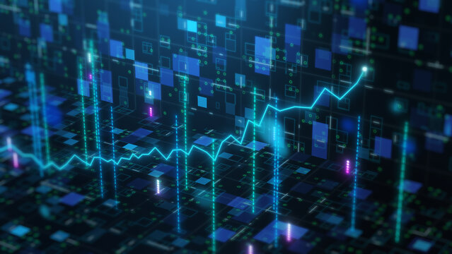 3D perspective line chart stock market and cyberspace, future index investment trend success information analysis, economic finance wealth trade concept