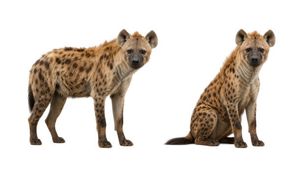 Spotted hyena in standing and sitting poses isolated on a white background, showcasing full body views with natural fur patterns, alert expression, and African wildlife characteristics.