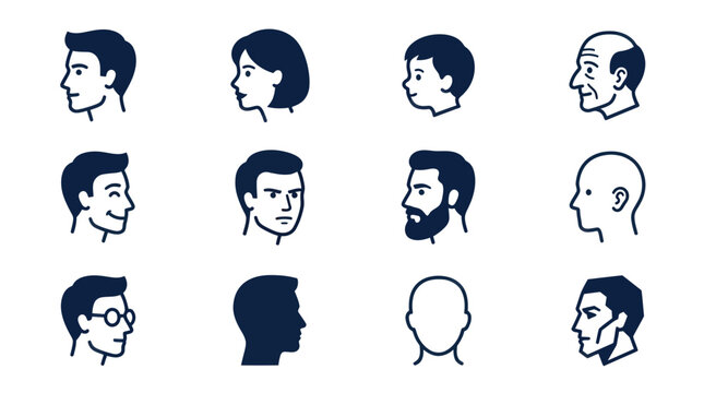Minimal flat vector icon set featuring 12 face profile characters: male face profile, female face profile, child face profile, elderly face profile, smiling face, serious face, bearded face, bald head