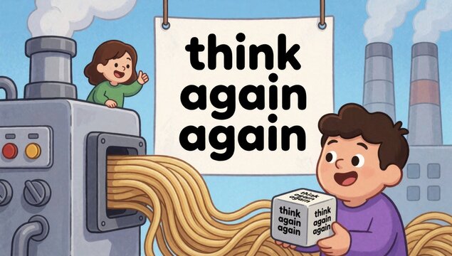 Children boy girl standing front factory smoke stacks background holding sign reads think again top machine bi