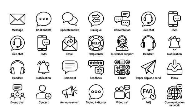 Message Editable Outline Icon Set with 25 Communication Chat and Speech Line Icons for Web UI and Apps